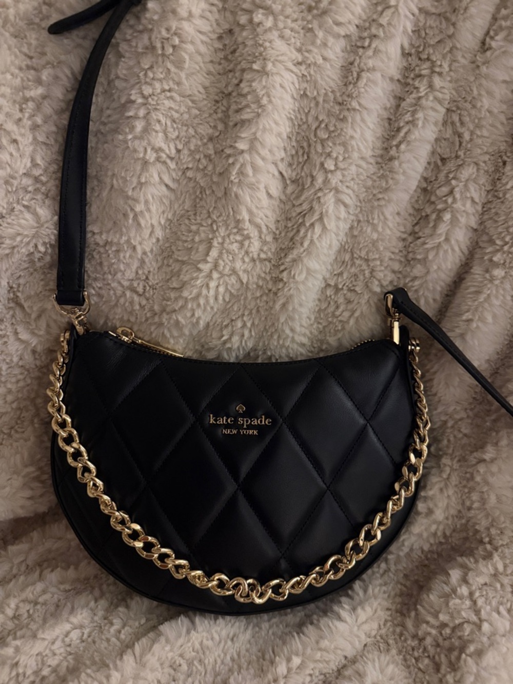 kate spade Black Quilted Crescent Shoulder Bag with Gold Chain